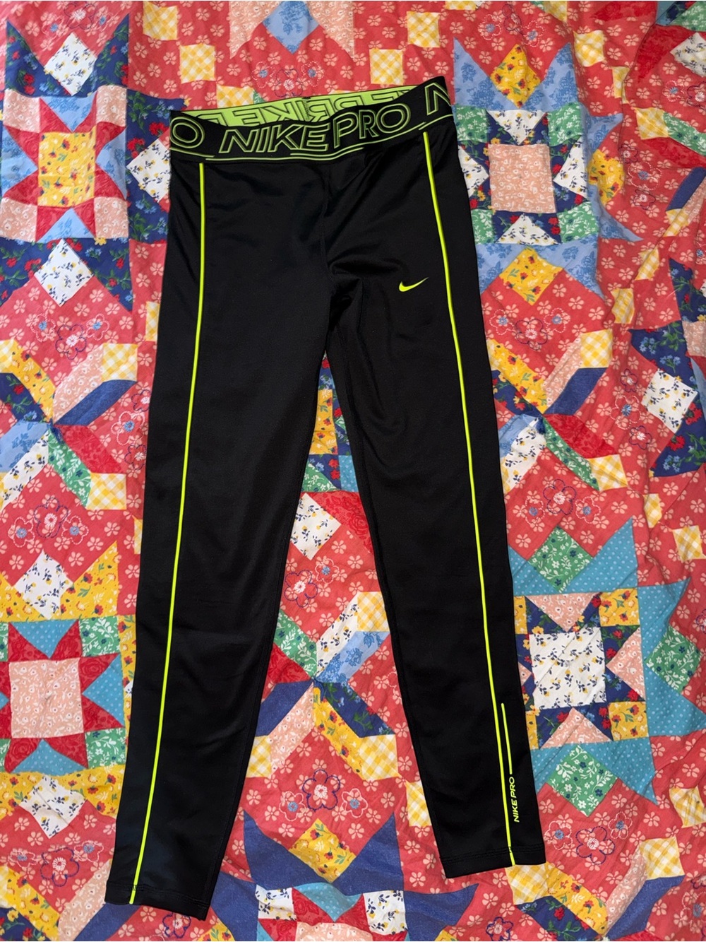 Nike Pro Black Leggings with Neon Yellow Trim - Women's